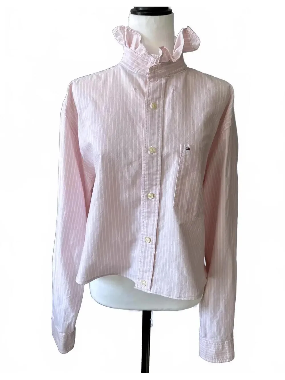 Tommy Hilfiger Pink Striped Ruffle Collar Button-Up Shirt - Picture 2 of 10
